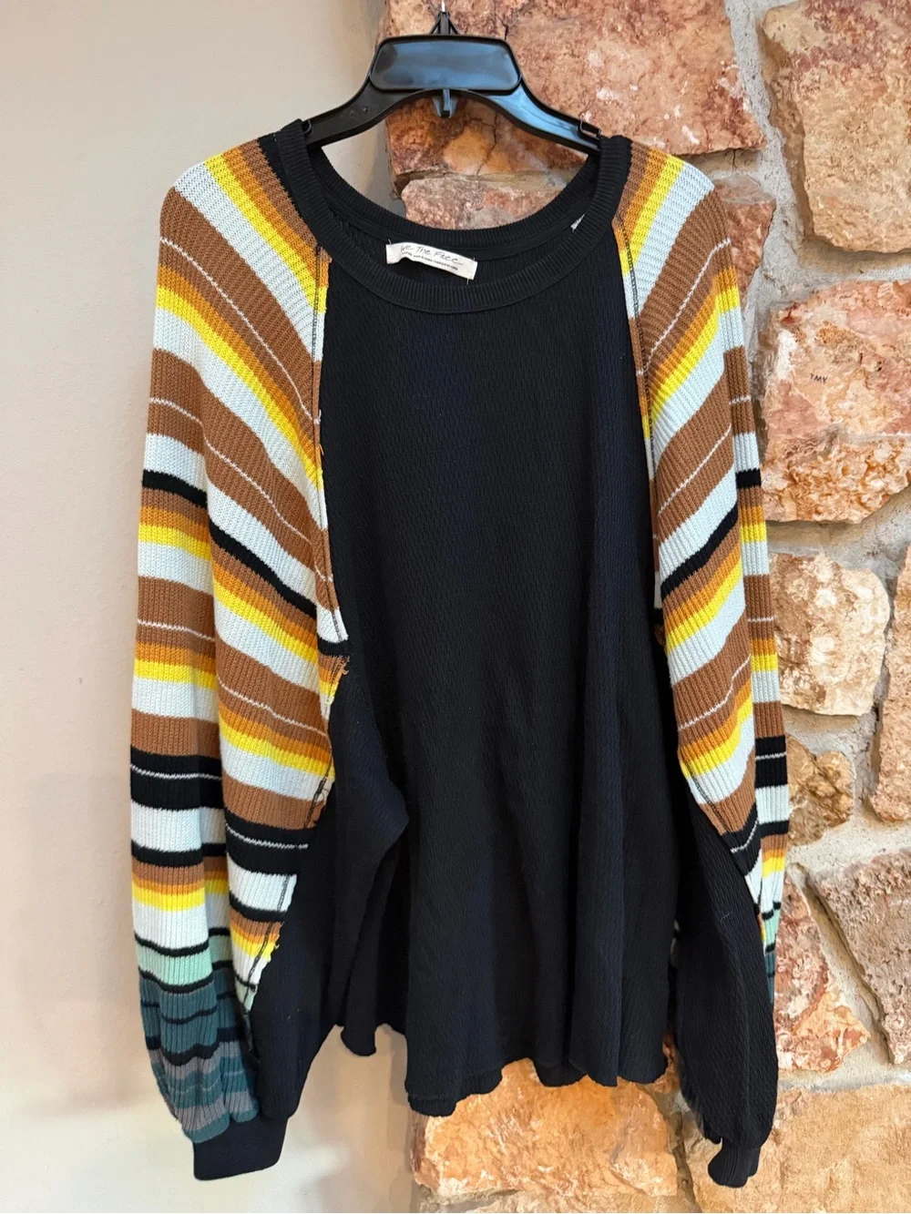 Free People Rainbow Stripes Waffle Knit Top with Striped Balloon Sleeves